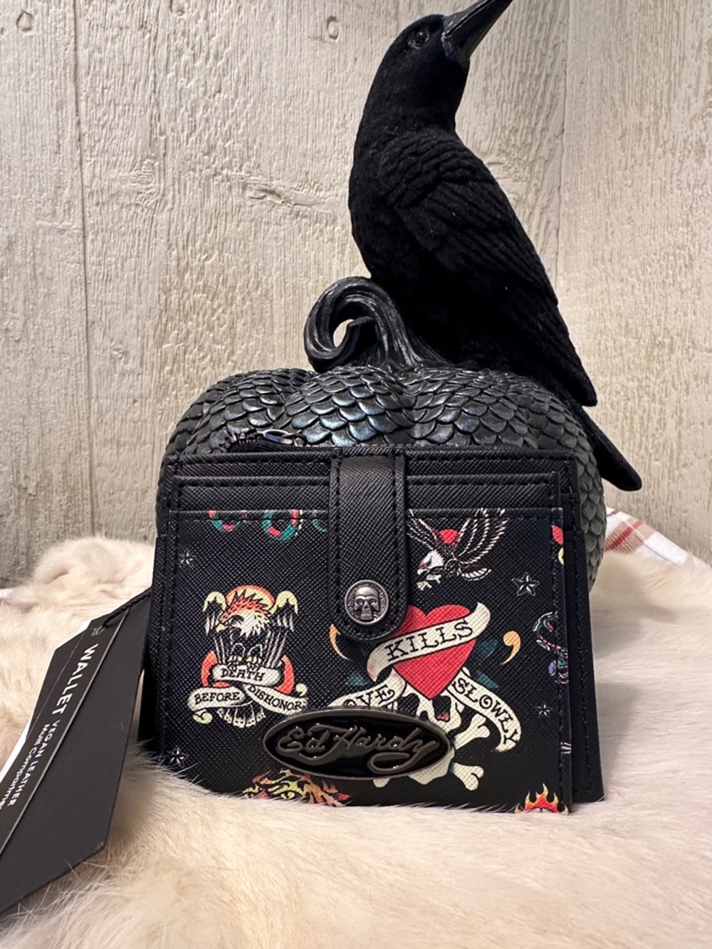 Ed Hardy Black Tattoo Print Compact Wallet